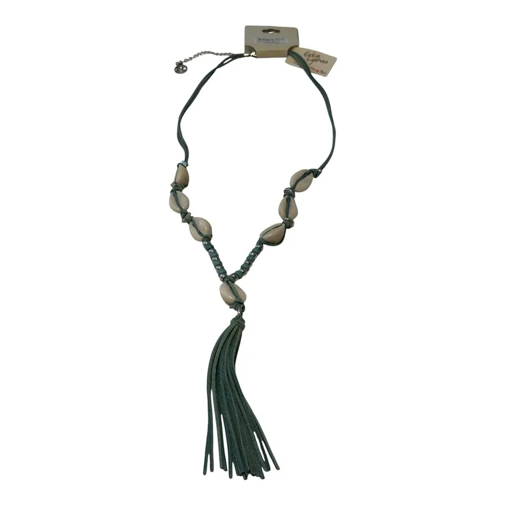 Erica Lyons Shell Necklace Green Corded Tassel Pendent Braided Boho Beach Resort